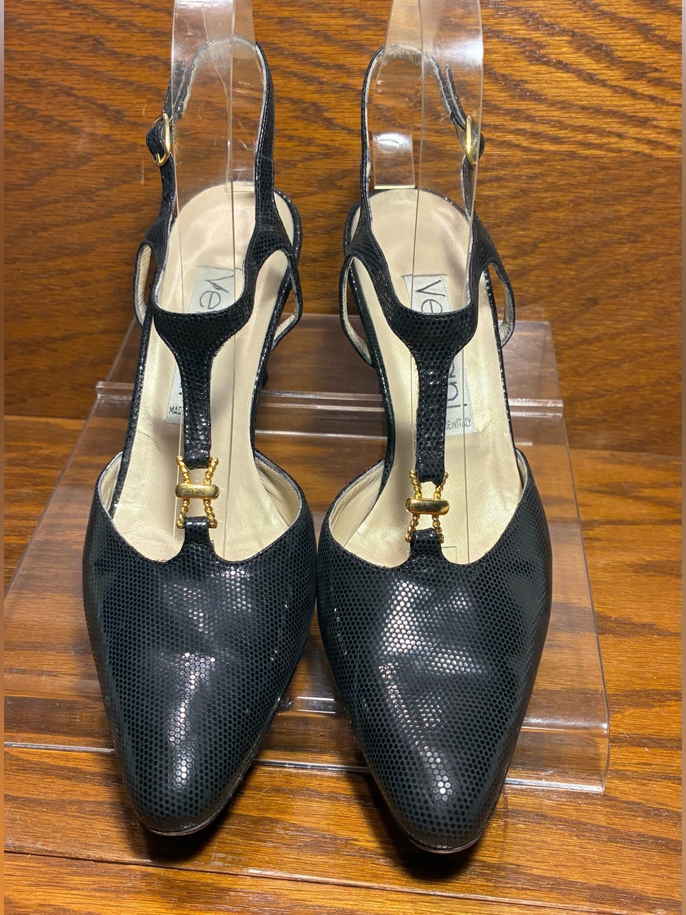 VTG 90s Versani ITALY MADE Textured Leather T-Strap Slingback Heels Black Size 7